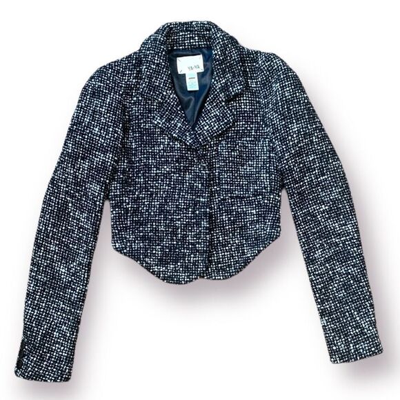 Vintage 90s Black White Tweed Tailored Cropped Blazer Jacket Classic Wool Small - Picture 1 of 9
